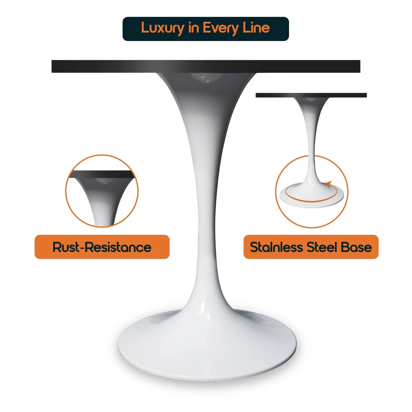 LeisureMod Verve Collection 24"Square Dining Table, Black/White/Brushed Gold Base with Black MDF Top - Elax Furniture