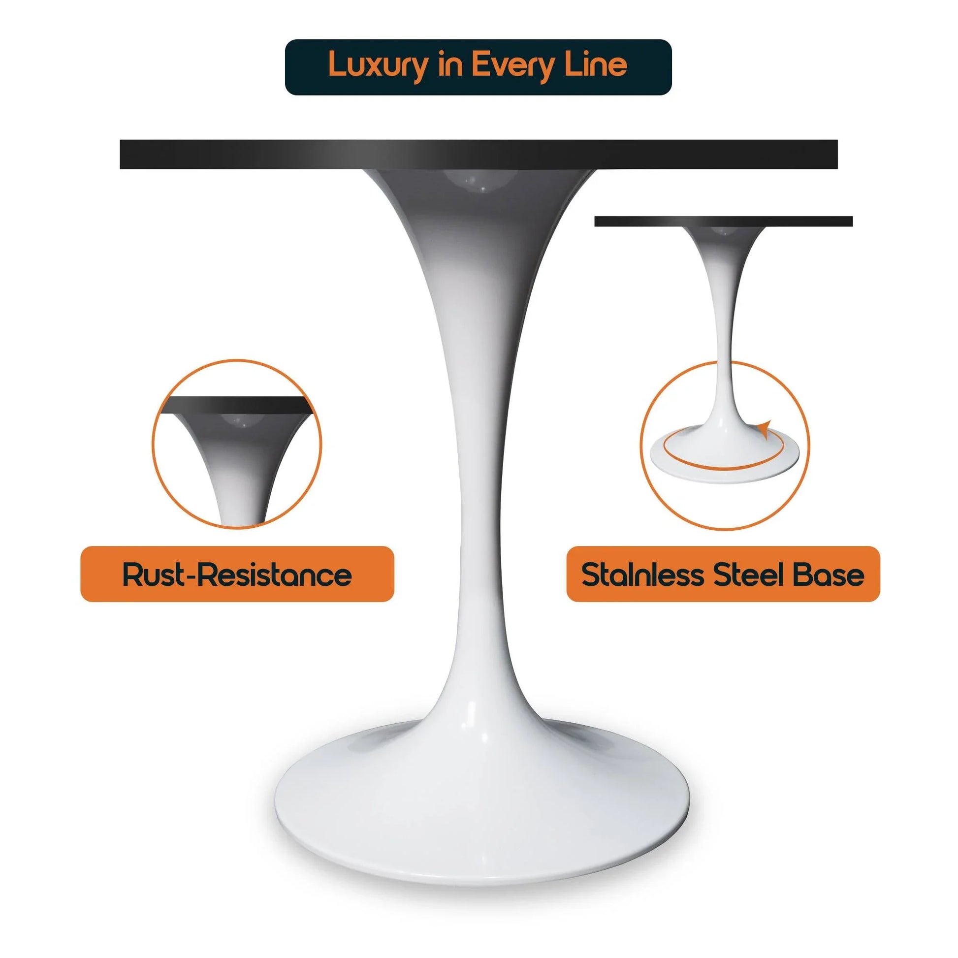 LeisureMod Verve Collection 24"Square Dining Table, Black/White/Brushed Gold Base with Black MDF Top - Elax Furniture