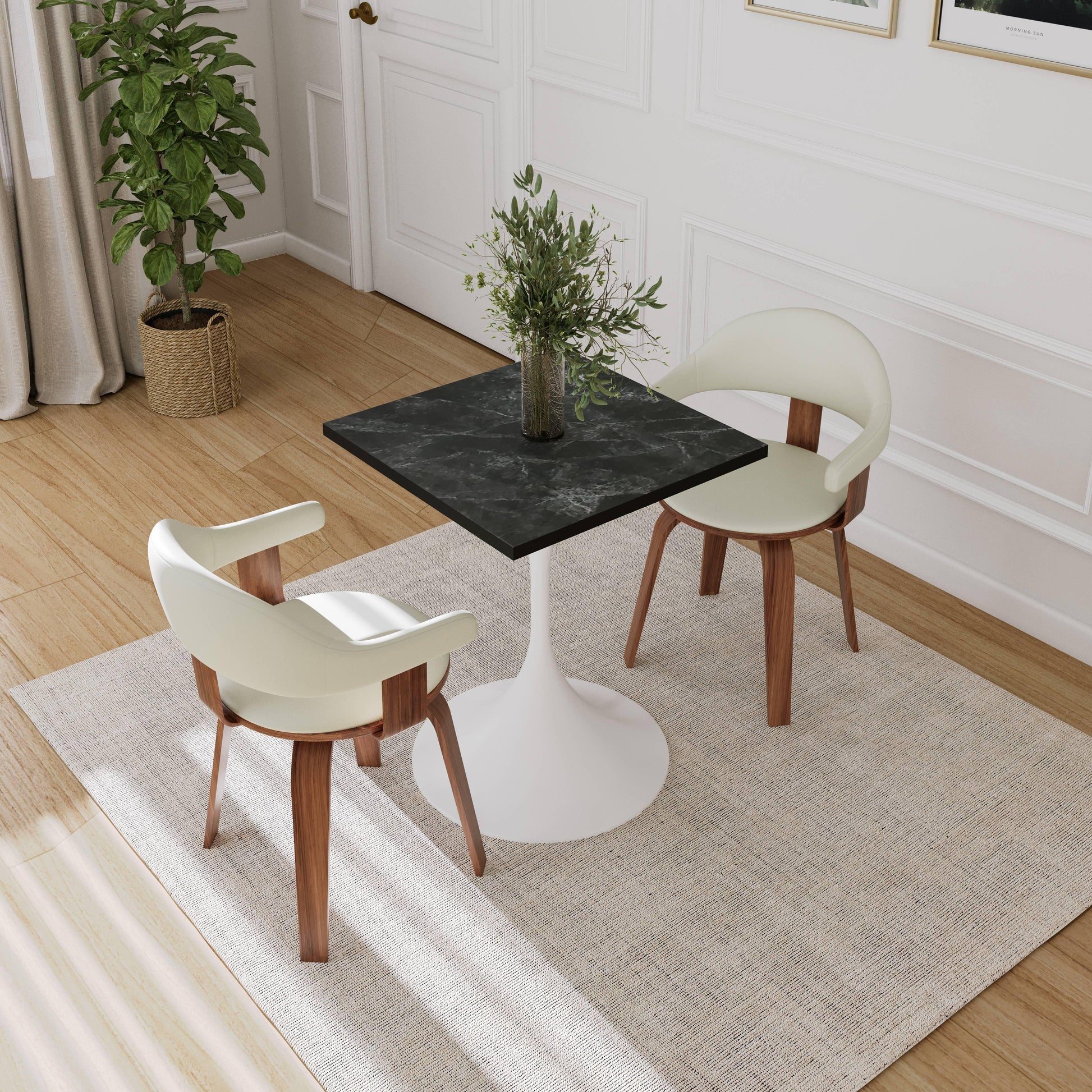 LeisureMod Verve Collection 24"Square Dining Table, Black/White/Brushed Gold Base with Black MDF Top - Elax Furniture