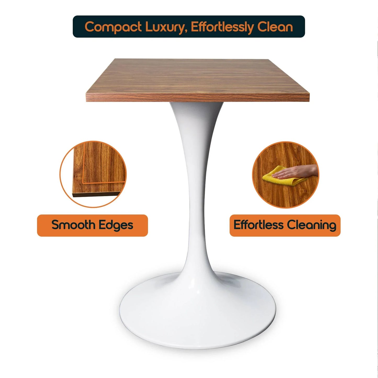 LeisureMod Verve Collection 24"Square Dining Table, Black/White/Brushed Gold Base with Black MDF Top - Elax Furniture
