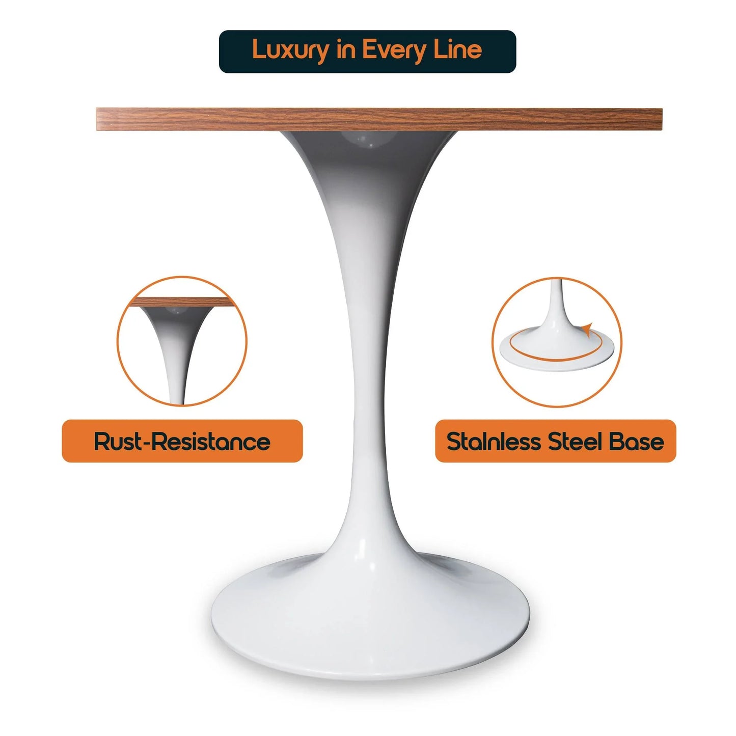 LeisureMod Verve Collection 24"Square Dining Table, Black/White/Brushed Gold Base with Black MDF Top - Elax Furniture