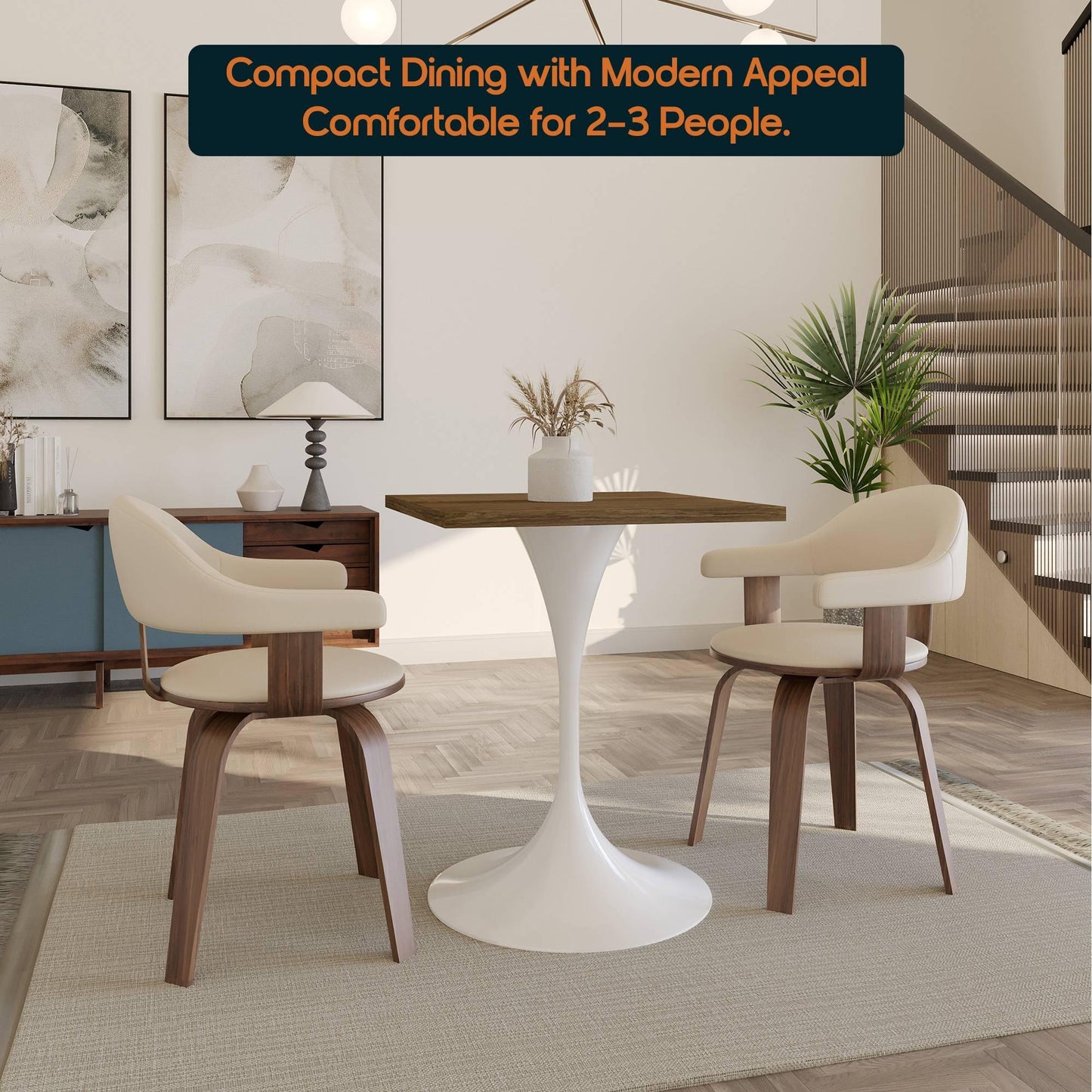 LeisureMod Verve Collection 24"Square Dining Table, Black/White/Brushed Gold Base with Black MDF Top - Elax Furniture