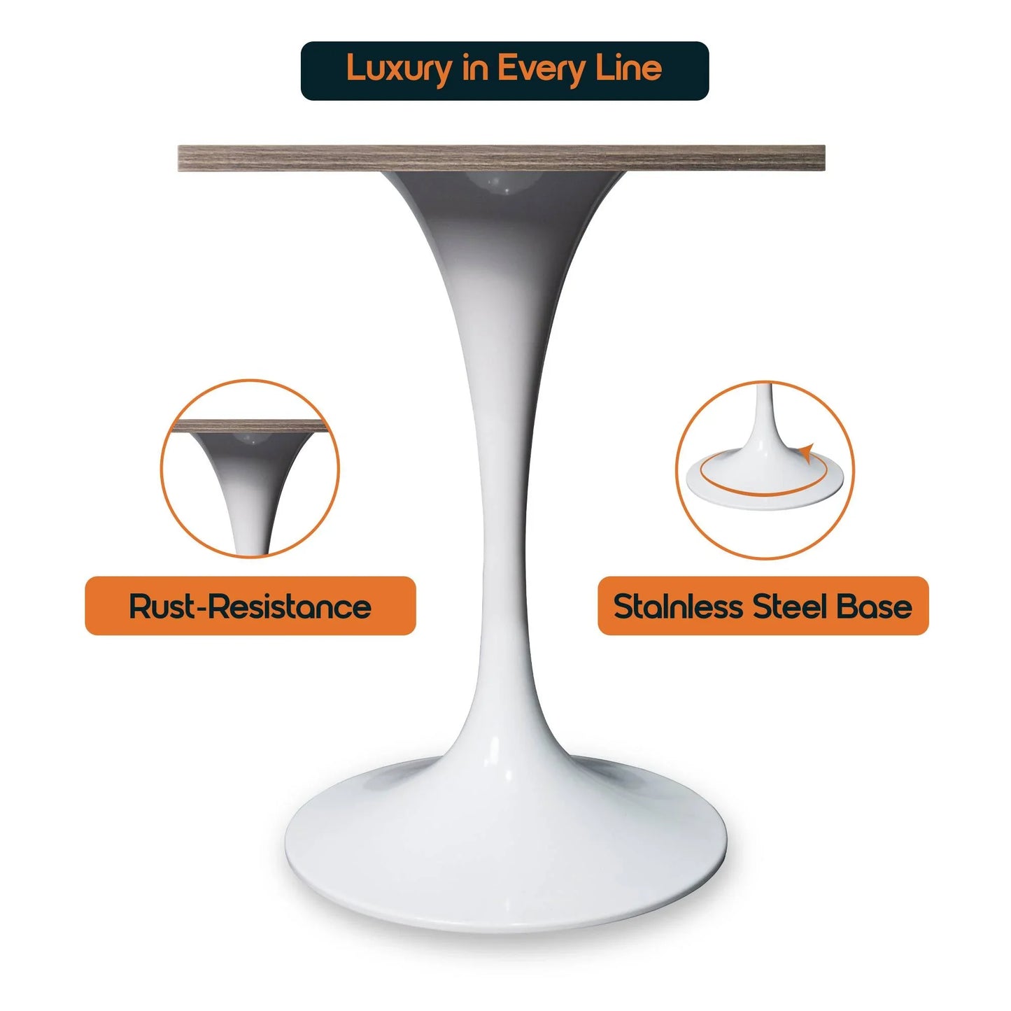 LeisureMod Verve Collection 24"Square Dining Table, Black/White/Brushed Gold Base with Black MDF Top - Elax Furniture