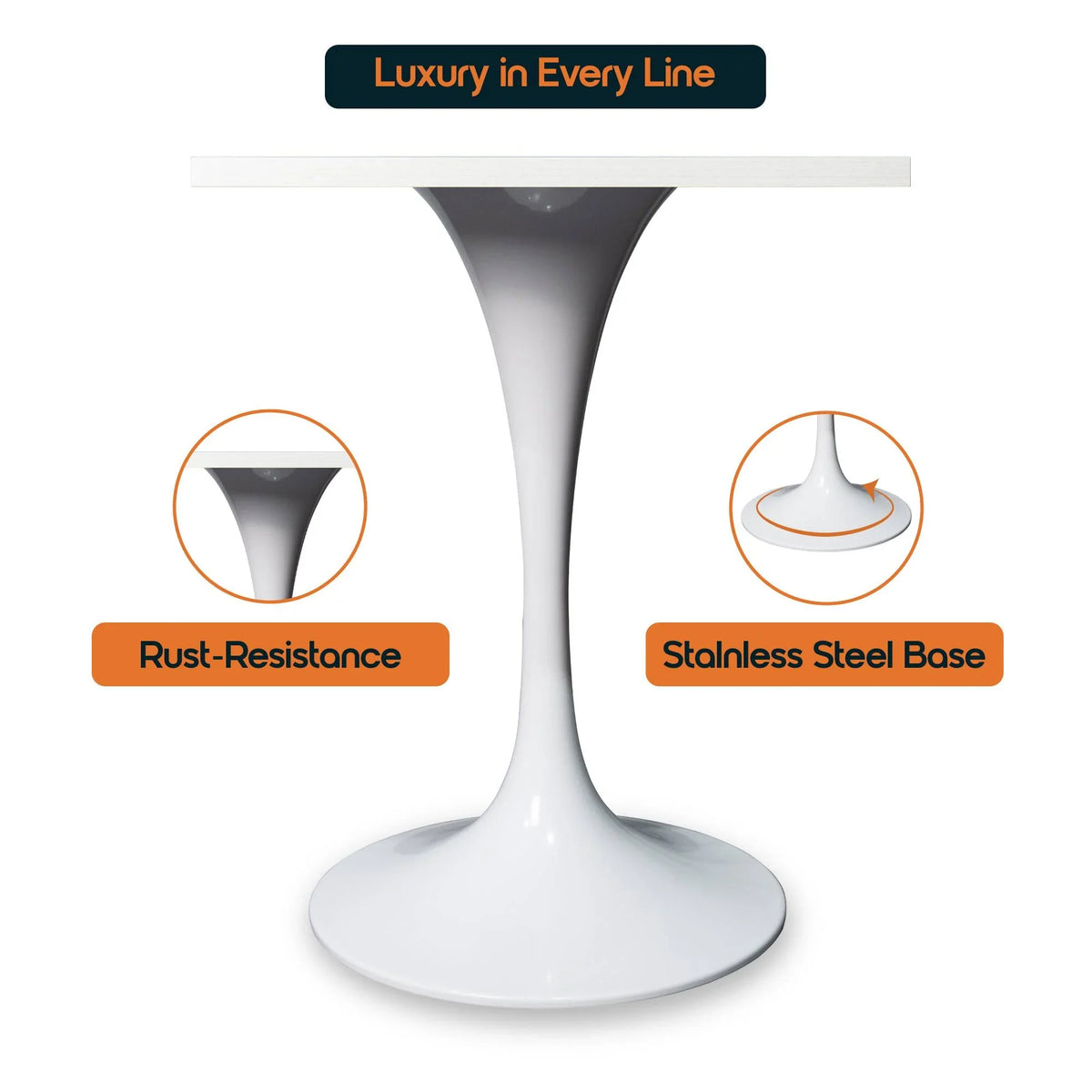 LeisureMod Verve Collection 24"Square Dining Table, Black/White/Brushed Gold Base with Black MDF Top - Elax Furniture