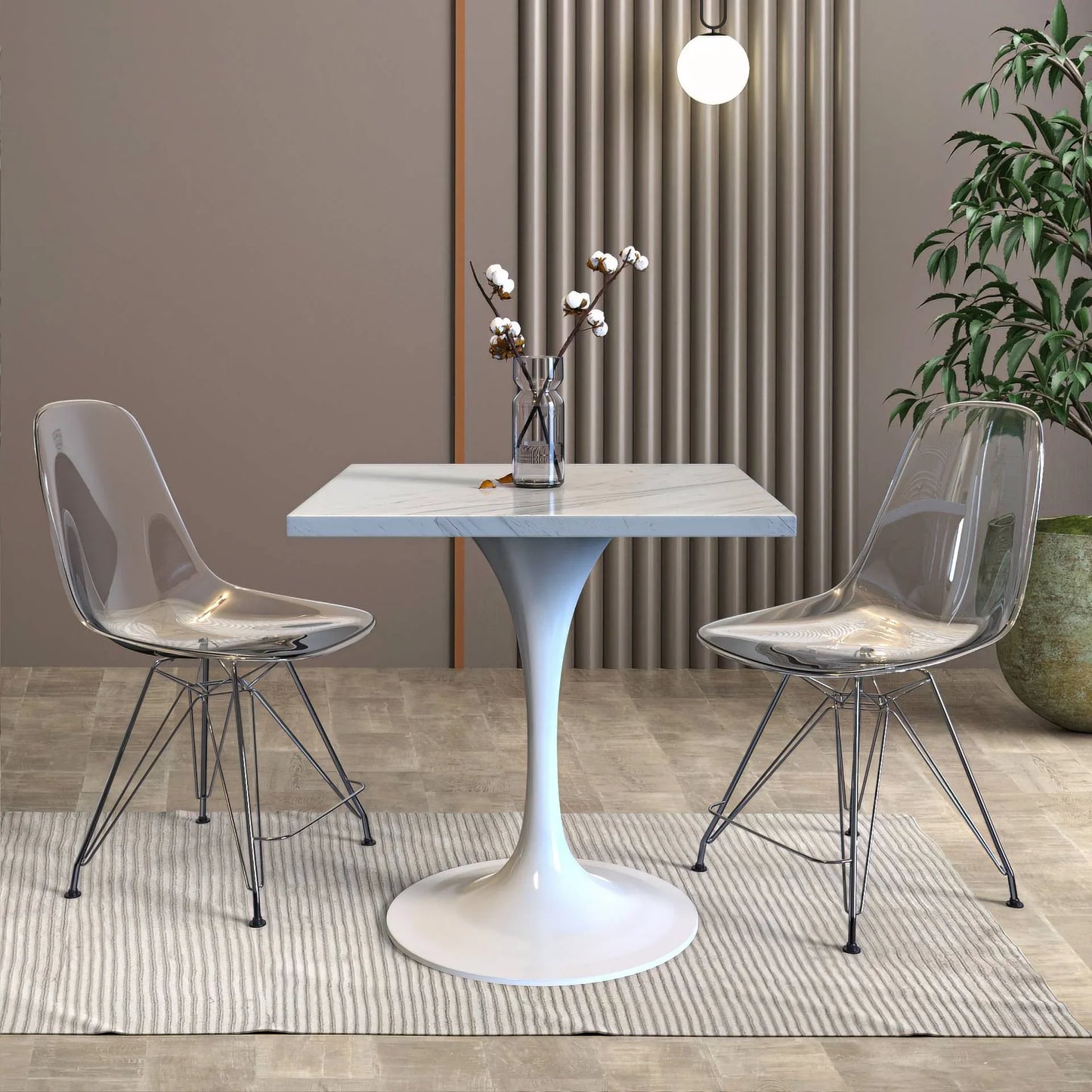 Verve Square Dining Table with a Laminated White Marbleized Tabletop and White Steel Pedestal Base - Elax Furniture