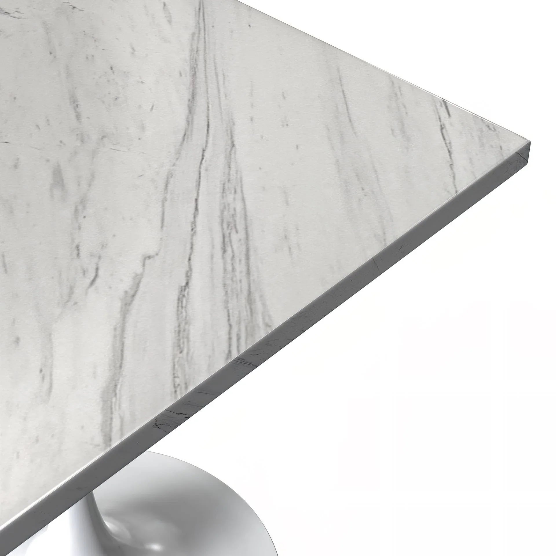 Verve Square Dining Table with a Laminated White Marbleized Tabletop and White Steel Pedestal Base - Elax Furniture