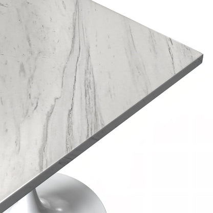 Verve Square Dining Table with a Laminated White Marbleized Tabletop and White Steel Pedestal Base - Elax Furniture