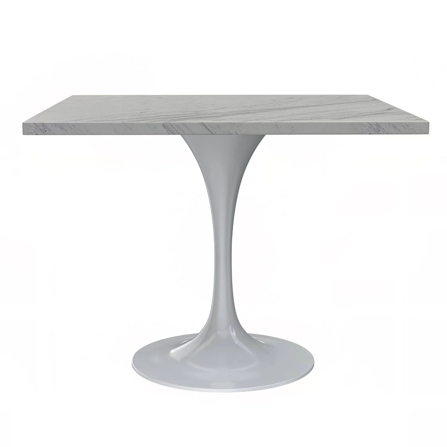 Verve Square Dining Table with a Laminated White Marbleized Tabletop and White Steel Pedestal Base - Elax Furniture