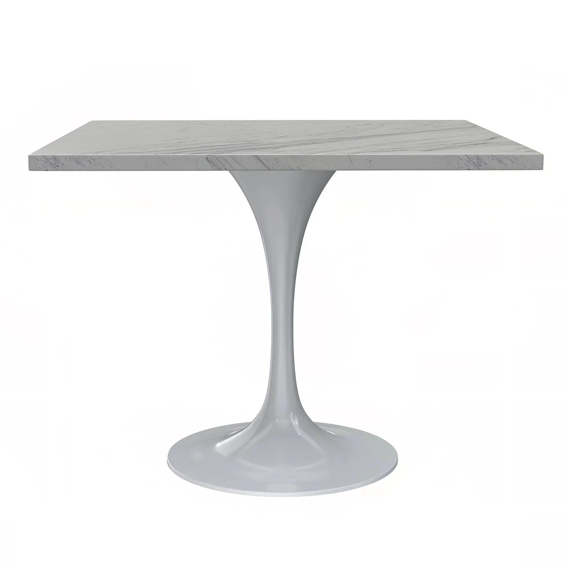 Verve Square Dining Table with a Laminated White Marbleized Tabletop and White Steel Pedestal Base - Elax Furniture