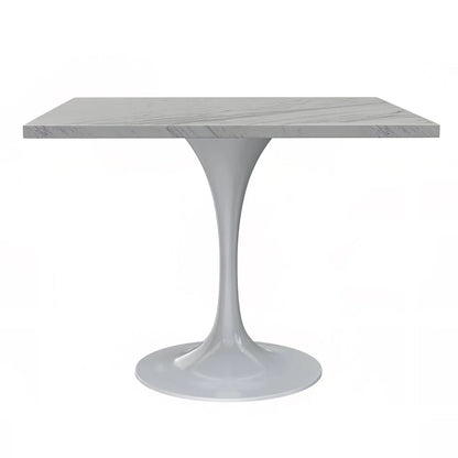 Verve Square Dining Table with a Laminated White Marbleized Tabletop and White Steel Pedestal Base - Elax Furniture