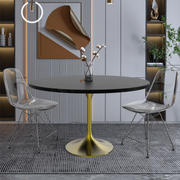 Verve Round Dining Table with MDF/Sintered Stone/Resin Tabletop in Gold Stainless Steel Pedestal Base MDF 48 Inch Black Dining Table Leisuremod