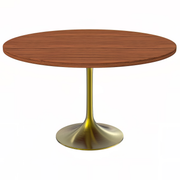 Verve Round Dining Table with MDF/Sintered Stone/Resin Tabletop in Gold Stainless Steel Pedestal Base MDF 48 Inch Cognac Brown Dining Table Leisuremod
