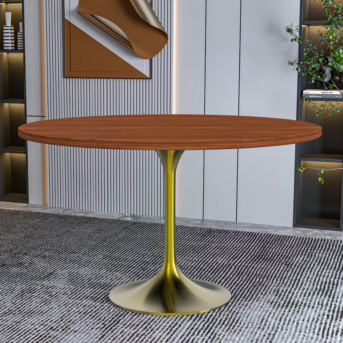 Verve Round Dining Table with MDF/Sintered Stone/Resin Tabletop in Gold Stainless Steel Pedestal Base MDF 48 Inch Cognac Brown Dining Table Leisuremod