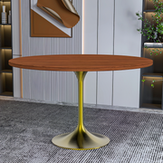 Verve Round Dining Table with MDF/Sintered Stone/Resin Tabletop in Gold Stainless Steel Pedestal Base MDF 48 Inch Cognac Brown Dining Table Leisuremod
