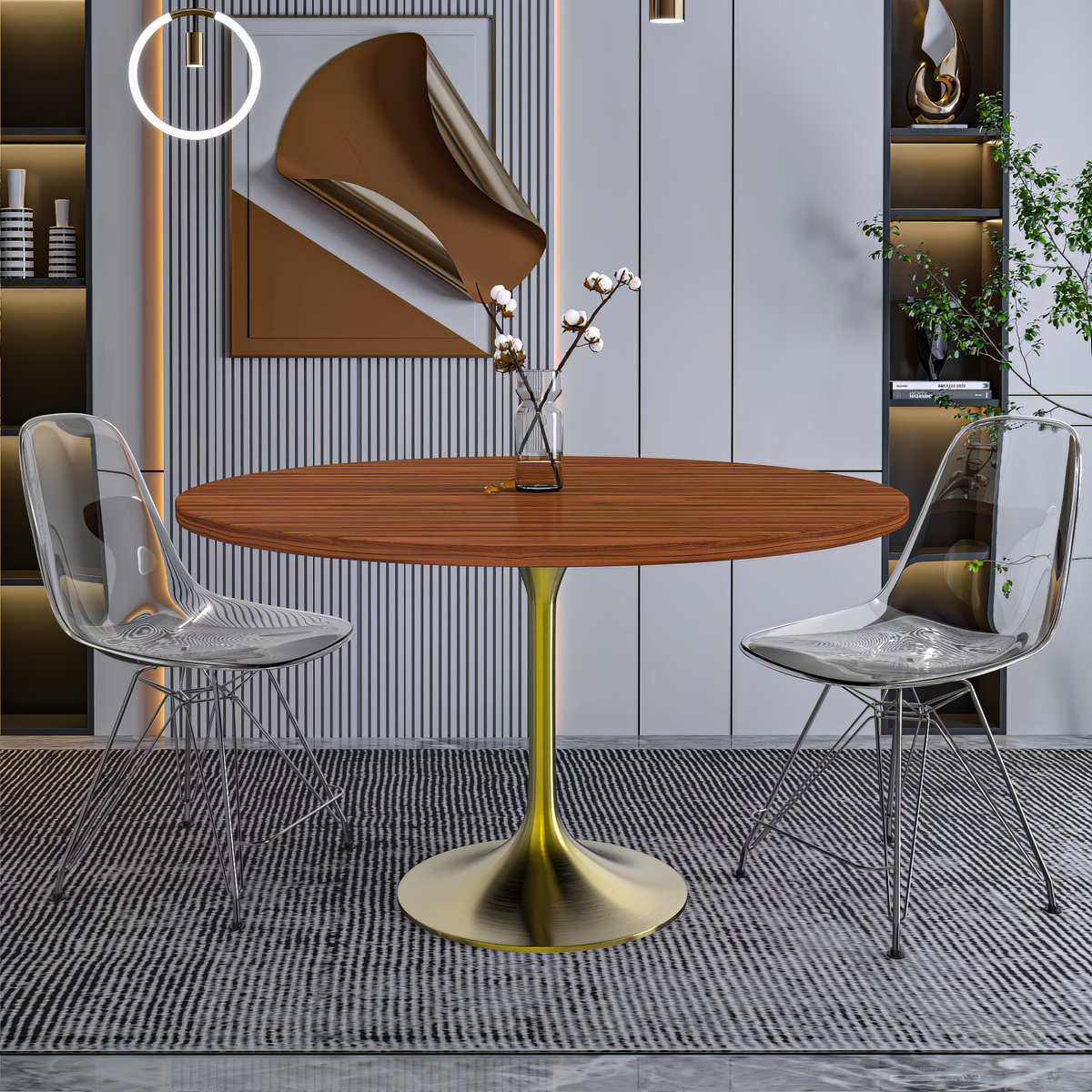 Verve Round Dining Table with MDF/Sintered Stone/Resin Tabletop in Gold Stainless Steel Pedestal Base MDF 48 Inch Cognac Brown Dining Table Leisuremod
