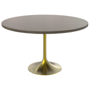 Verve Round Dining Table with MDF/Sintered Stone/Resin Tabletop in Gold Stainless Steel Pedestal Base MDF 48 Inch Dark Maple Dining Table Leisuremod
