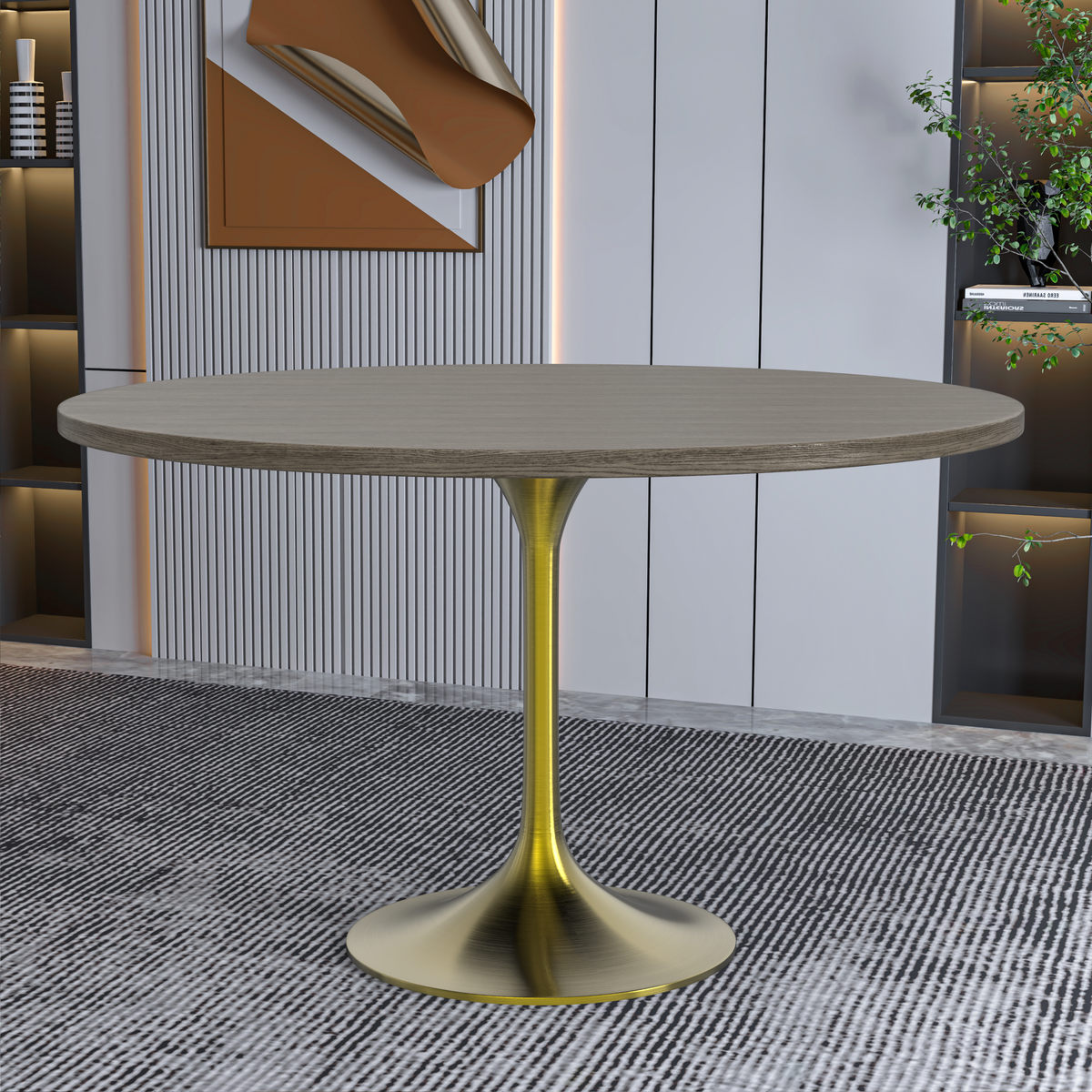 Verve Round Dining Table with MDF/Sintered Stone/Resin Tabletop in Gold Stainless Steel Pedestal Base MDF 48 Inch Dark Maple Dining Table Leisuremod