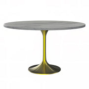 Verve Round Dining Table with MDF/Sintered Stone/Resin Tabletop in Gold Stainless Steel Pedestal Base MDF 48 Inch Natural Wood Dining Table Leisuremod