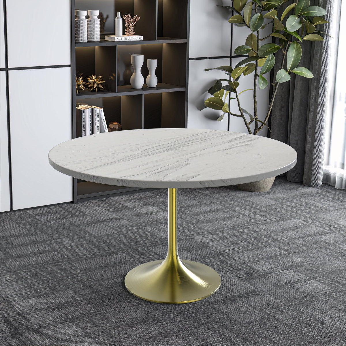 Verve Round Dining Table with MDF/Sintered Stone/Resin Tabletop in Gold Stainless Steel Pedestal Base MDF 48 Inch Natural Wood Dining Table Leisuremod