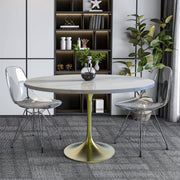 Verve Round Dining Table with MDF/Sintered Stone/Resin Tabletop in Gold Stainless Steel Pedestal Base MDF 48 Inch Natural Wood Dining Table Leisuremod