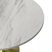 Verve Round Dining Table with MDF/Sintered Stone/Resin Tabletop in Gold Stainless Steel Pedestal Base MDF 48 Inch Natural Wood Dining Table Leisuremod
