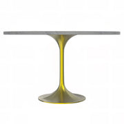 Verve Round Dining Table with MDF/Sintered Stone/Resin Tabletop in Gold Stainless Steel Pedestal Base MDF 48 Inch Natural Wood Dining Table Leisuremod
