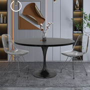 Verve Round Dining Table with MDF/Sintered Stone/Resin Tabletop in Black Stainless Steel Pedestal Base MDF 48 Inch Black Dining Table Leisuremod