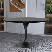 Verve Round Dining Table with MDF/Sintered Stone/Resin Tabletop in Black Stainless Steel Pedestal Base MDF 48 Inch Black Dining Table Leisuremod