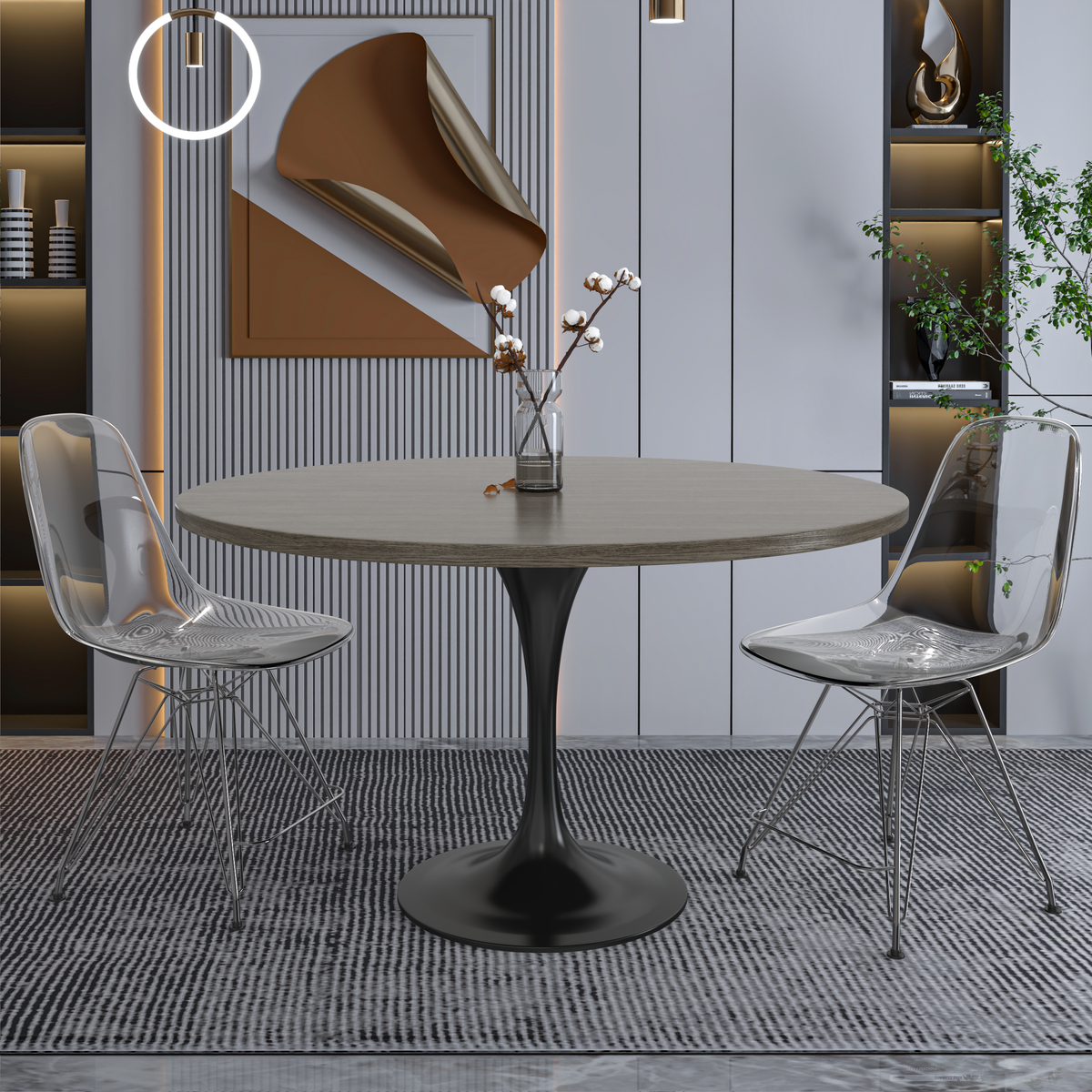 Verve Round Dining Table with MDF/Sintered Stone/Resin Tabletop in Black Stainless Steel Pedestal Base MDF 48 Inch Dark Maple Dining Table Leisuremod
