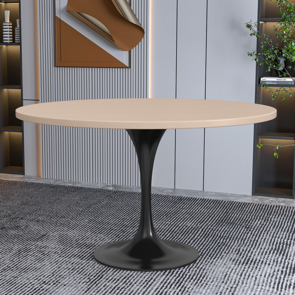 Verve Round Dining Table with MDF/Sintered Stone/Resin Tabletop in Black Stainless Steel Pedestal Base MDF 48 Inch Natural Wood Dining Table Leisuremod