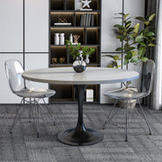 Verve Round Dining Table with MDF/Sintered Stone/Resin Tabletop in Black Stainless Steel Pedestal Base Resin 48 Inch White Resin Dining Table Leisuremod