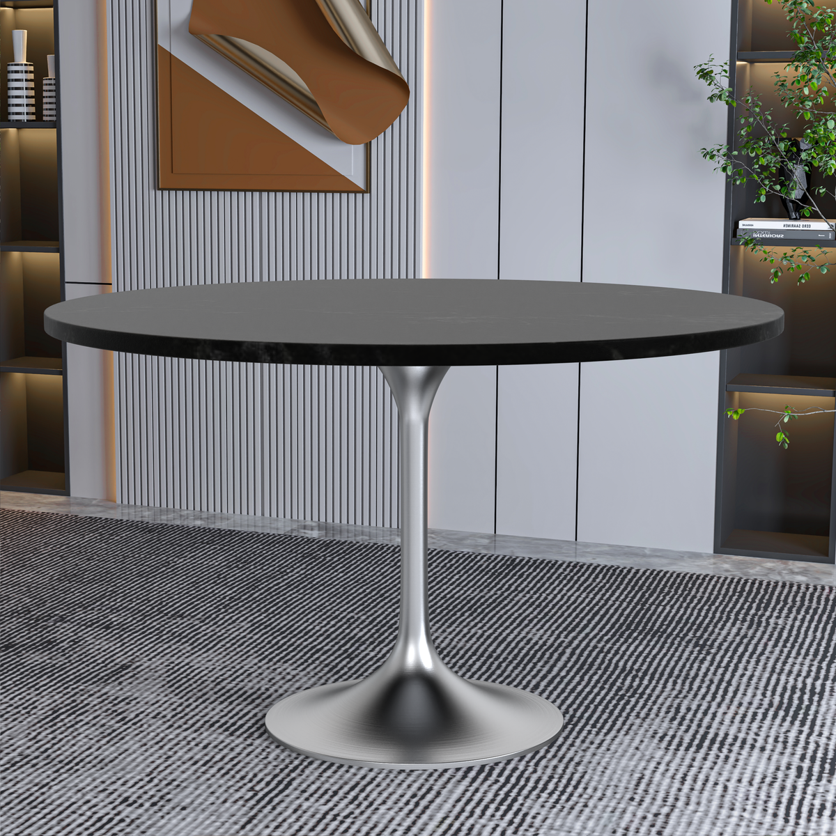Verve Round Dining Table with MDF/Sintered Stone/Resin Tabletop in Silver Stainless Steel Pedestal Base MDF 48 Inch Black MDF Dining Table Leisuremod