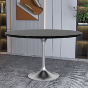 Verve Round Dining Table with MDF/Sintered Stone/Resin Tabletop in Silver Stainless Steel Pedestal Base MDF 48 Inch Black MDF Dining Table Leisuremod
