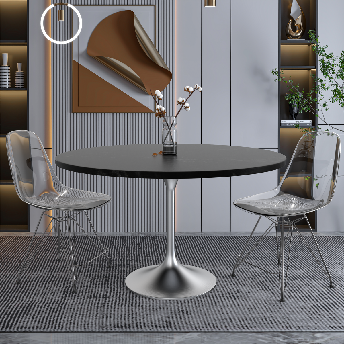 Verve Round Dining Table with MDF/Sintered Stone/Resin Tabletop in Silver Stainless Steel Pedestal Base MDF 48 Inch Black MDF Dining Table Leisuremod