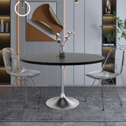 Verve Round Dining Table with MDF/Sintered Stone/Resin Tabletop in Silver Stainless Steel Pedestal Base MDF 48 Inch Black MDF Dining Table Leisuremod
