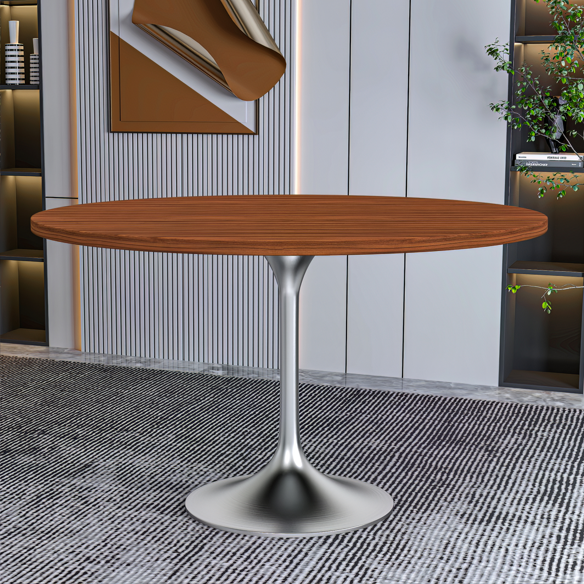 Verve Round Dining Table with MDF/Sintered Stone/Resin Tabletop in Silver Stainless Steel Pedestal Base MDF 48 Inch Cognac Brown Dining Table Leisuremod