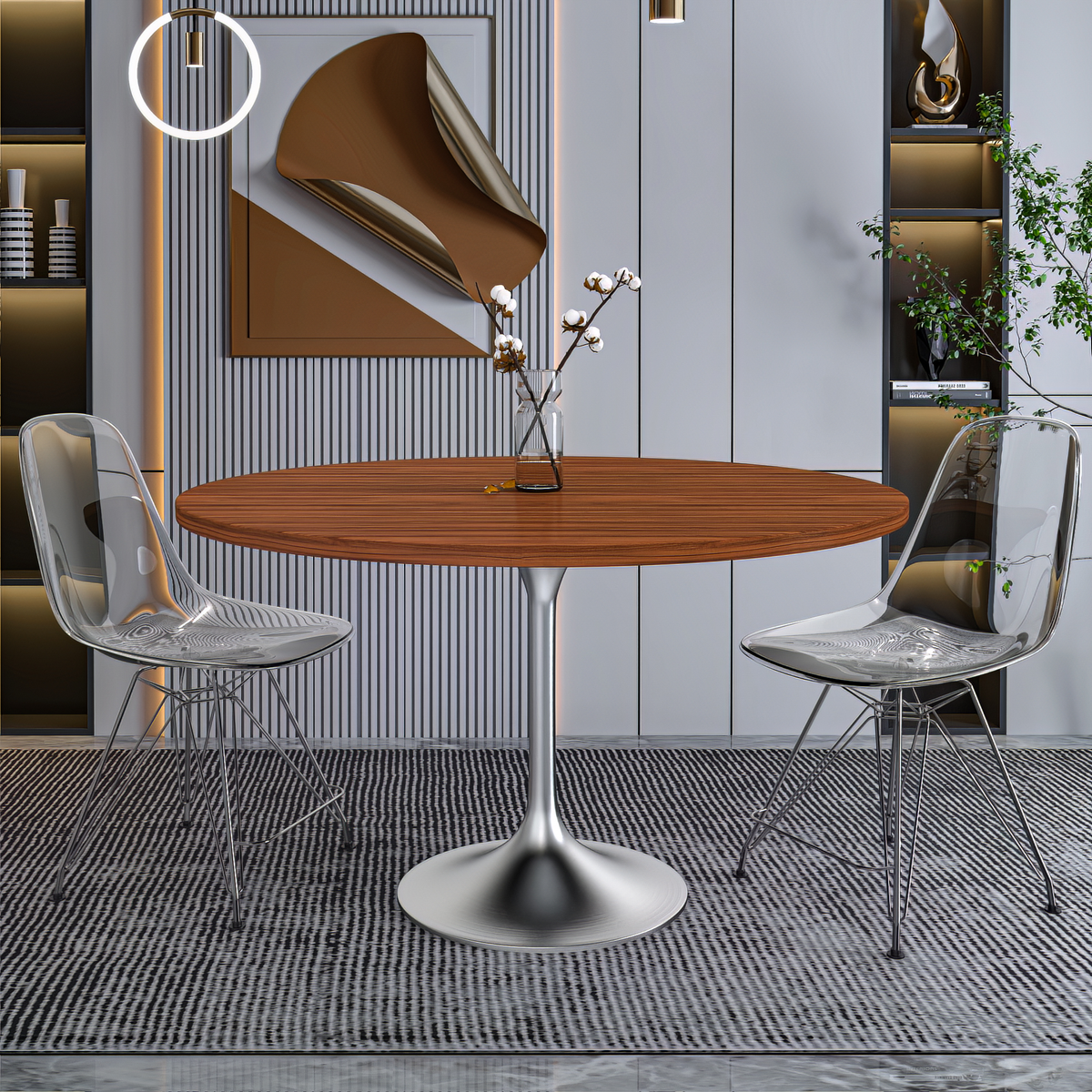 Verve Round Dining Table with MDF/Sintered Stone/Resin Tabletop in Silver Stainless Steel Pedestal Base MDF 48 Inch Cognac Brown Dining Table Leisuremod