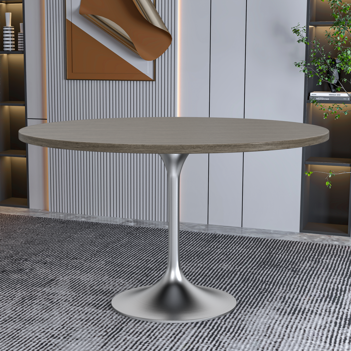 Verve Round Dining Table with MDF/Sintered Stone/Resin Tabletop in Silver Stainless Steel Pedestal Base MDF 48 Inch Dark Maple Dining Table Leisuremod