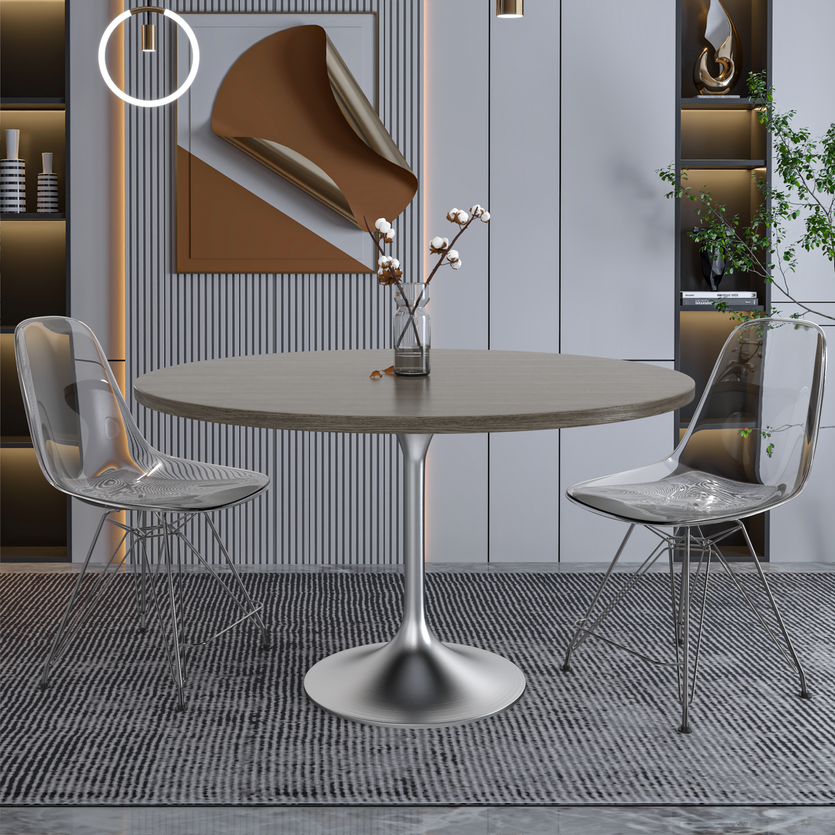 Verve Round Dining Table with MDF/Sintered Stone/Resin Tabletop in Silver Stainless Steel Pedestal Base MDF 48 Inch Dark Maple Dining Table Leisuremod