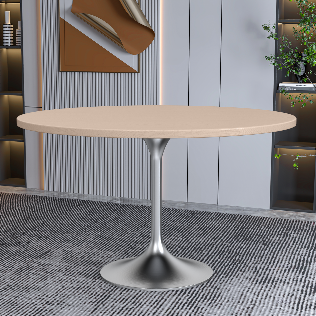 Verve Round Dining Table with MDF/Sintered Stone/Resin Tabletop in Silver Stainless Steel Pedestal Base MDF 48 Inch Natural Wood Dining Table Leisuremod