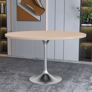 Verve Round Dining Table with MDF/Sintered Stone/Resin Tabletop in Silver Stainless Steel Pedestal Base MDF 48 Inch Natural Wood Dining Table Leisuremod