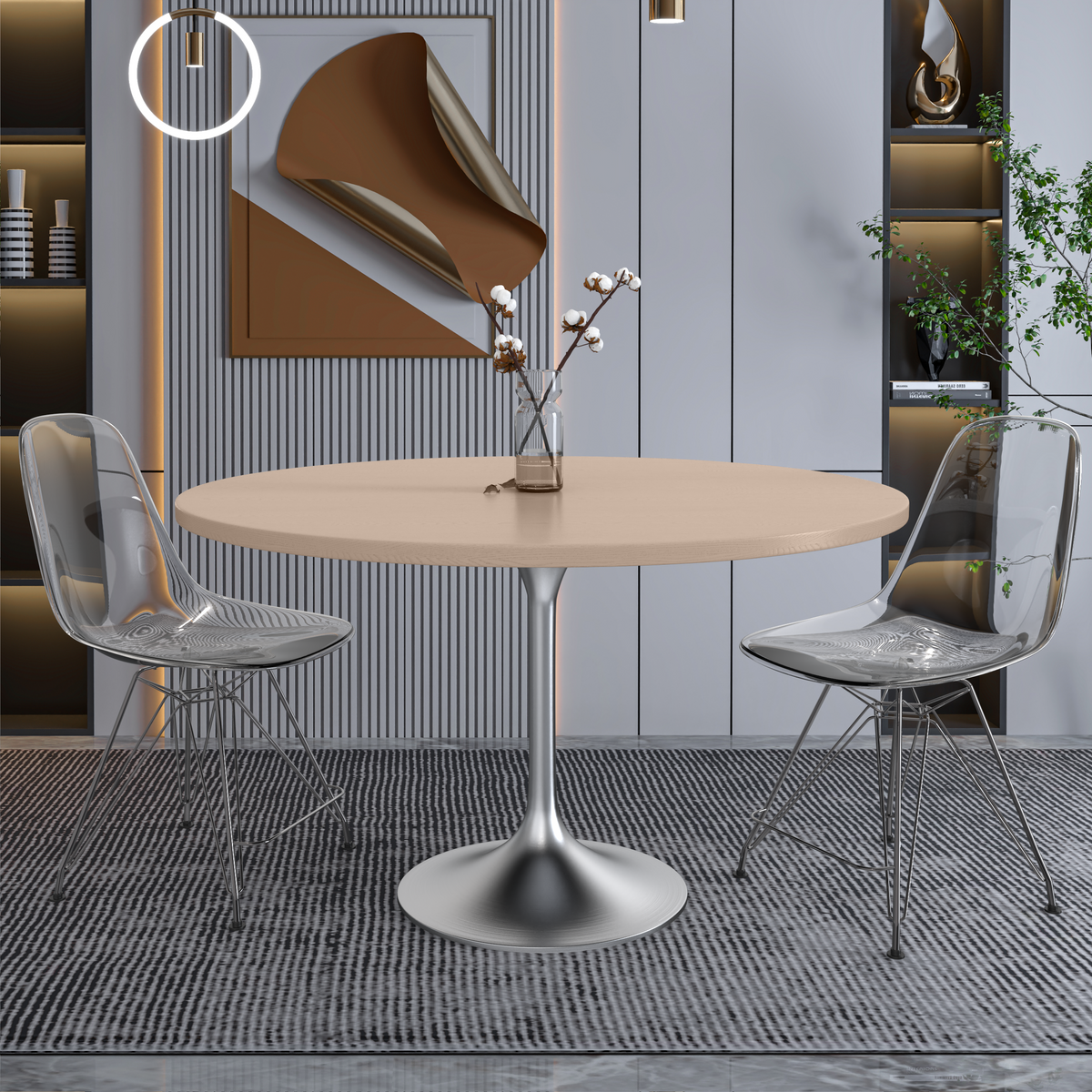 Verve Round Dining Table with MDF/Sintered Stone/Resin Tabletop in Silver Stainless Steel Pedestal Base MDF 48 Inch Natural Wood Dining Table Leisuremod