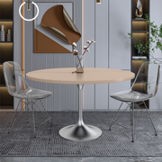 Verve Round Dining Table with MDF/Sintered Stone/Resin Tabletop in Silver Stainless Steel Pedestal Base MDF 48 Inch Natural Wood Dining Table Leisuremod