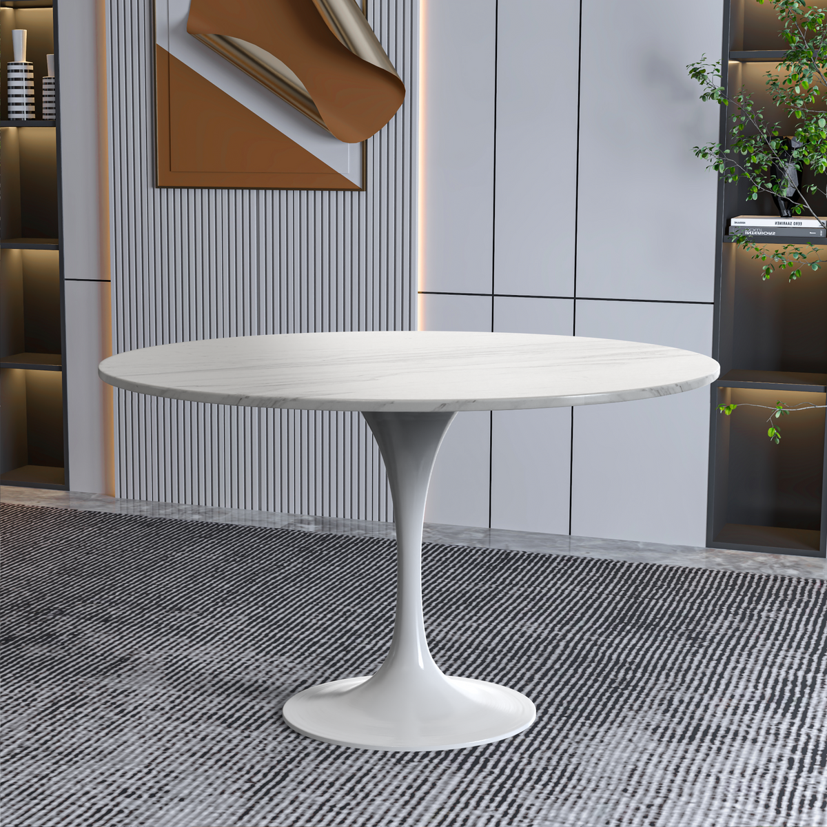 Verve Round Dining Table with MDF/Sintered Stone/Resin Tabletop in White Stainless Steel Pedestal Base