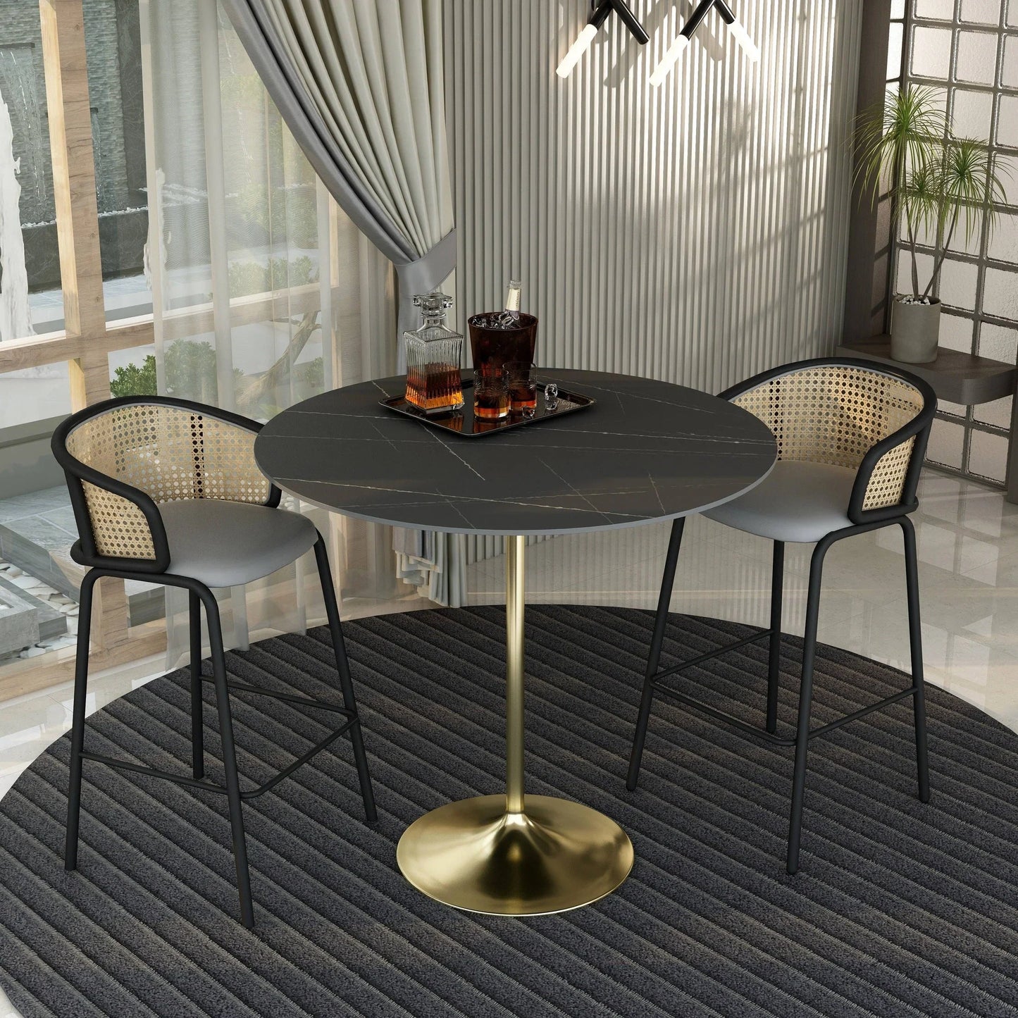 Verve Bar Height Dining Table with 48" Round Sintered Stone Top and Gold Stainless Steel Base - Elax Furniture