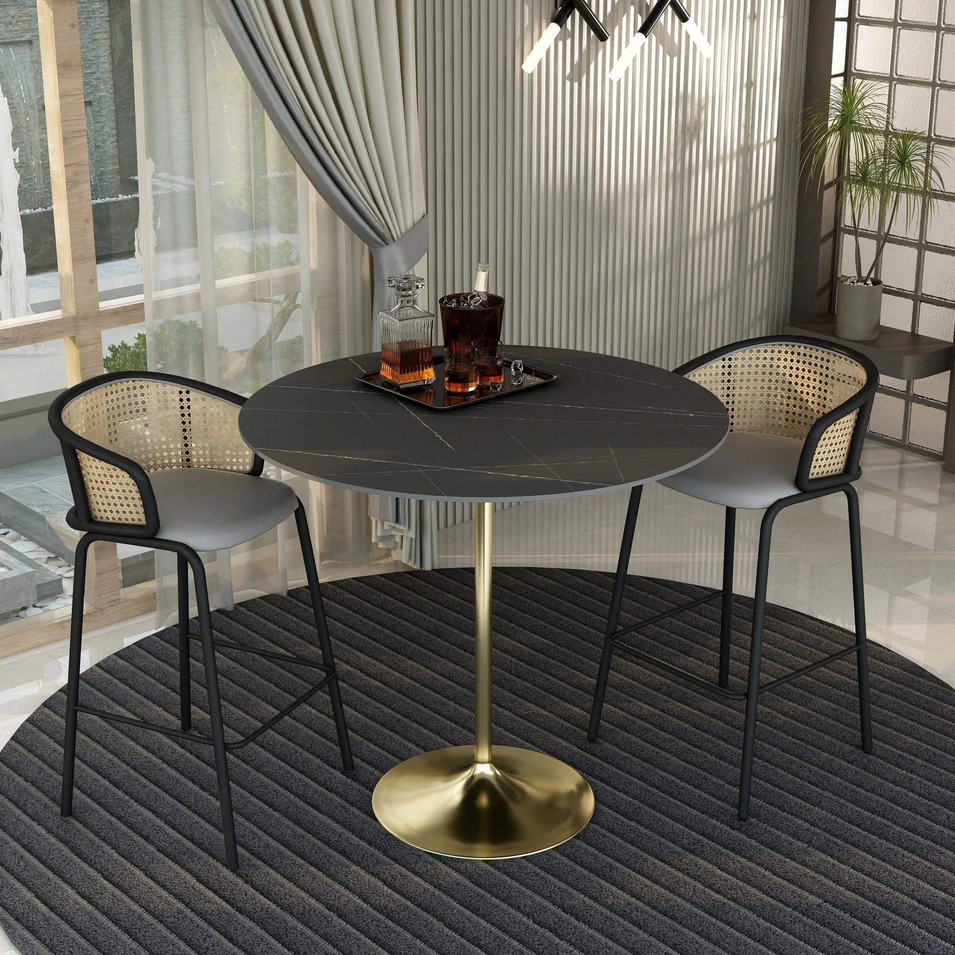 Verve Bar Height Dining Table with 48" Round Sintered Stone Top and Gold Stainless Steel Base - Elax Furniture