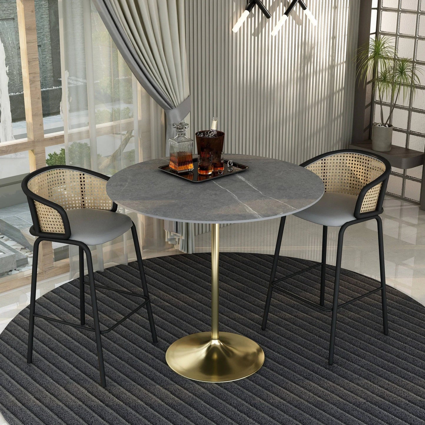 Verve Bar Height Dining Table with 48" Round Sintered Stone Top and Gold Stainless Steel Base - Elax Furniture