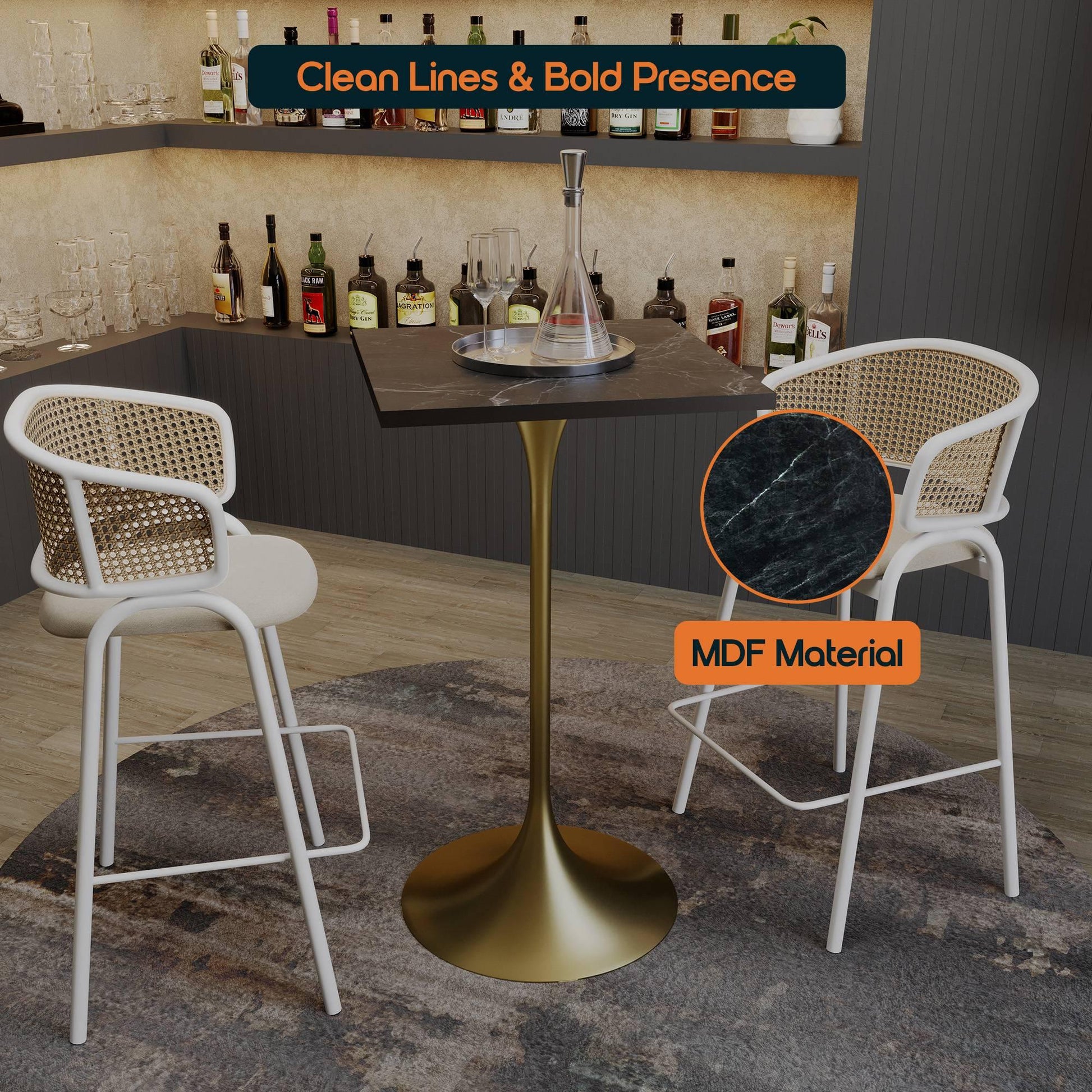 LeisureMod Verve 24" Square Top Bar Height Table, Brushed Gold/Black/White Stainless Steel Base with MDF Table Top - Elax Furniture