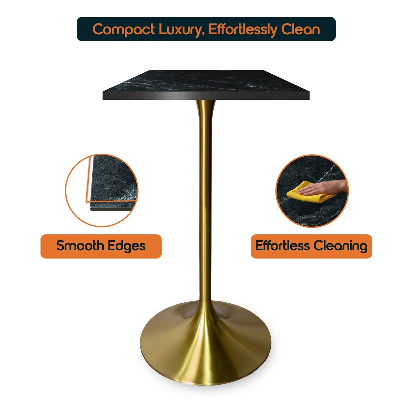 LeisureMod Verve 24" Square Top Bar Height Table, Brushed Gold/Black/White Stainless Steel Base with MDF Table Top - Elax Furniture