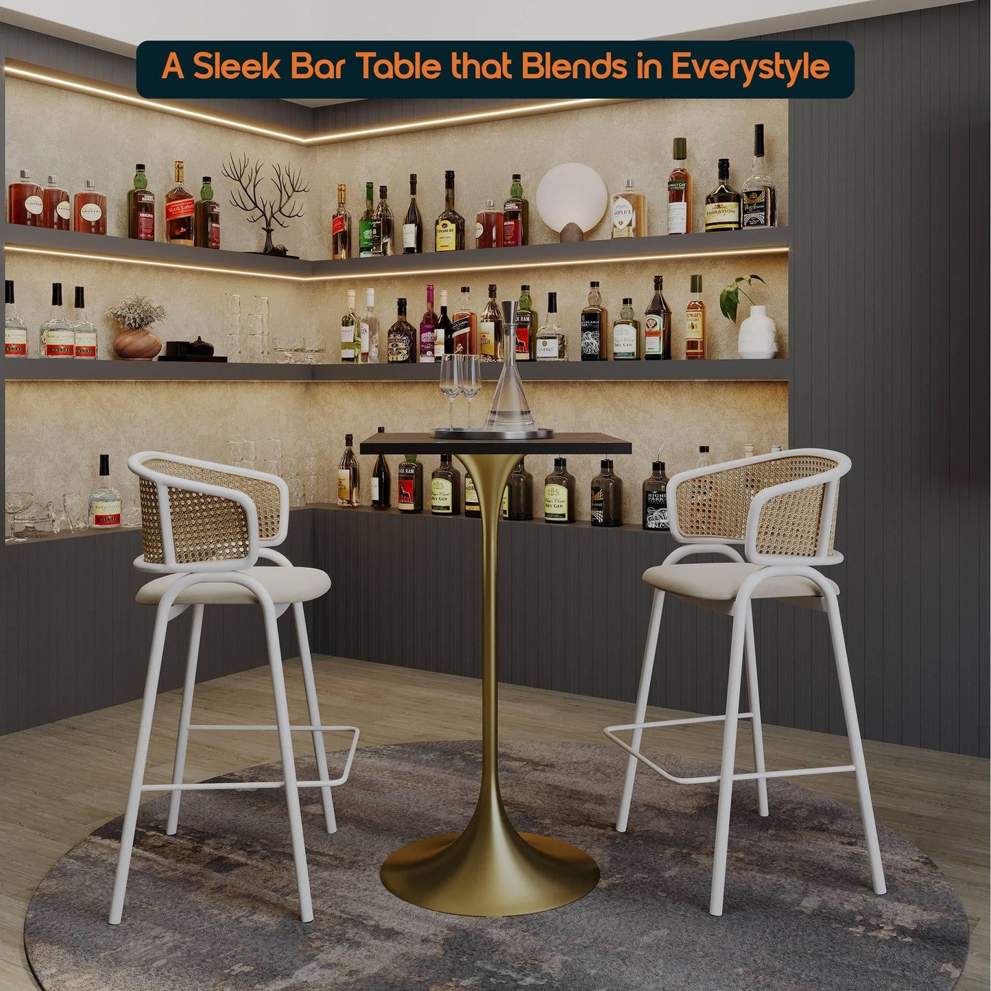 LeisureMod Verve 24" Square Top Bar Height Table, Brushed Gold/Black/White Stainless Steel Base with MDF Table Top - Elax Furniture